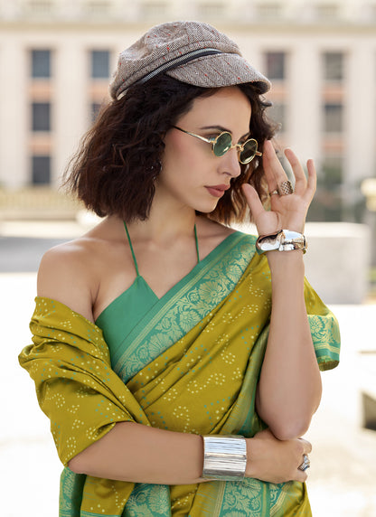 Olive & Green Soft Silk Bandhani Print With Weaving Beautiful Border Saree