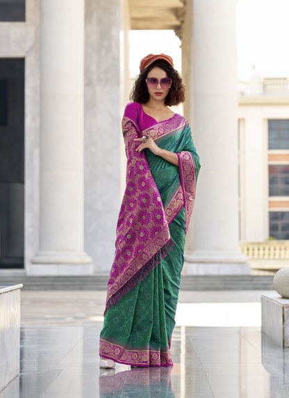 Green & Magenta Soft Silk Bandhani Print With Weaving Beautiful Border Saree