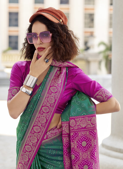 Green & Magenta Soft Silk Bandhani Print With Weaving Beautiful Border Saree