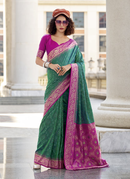 Green & Magenta Soft Silk Bandhani Print With Weaving Beautiful Border Saree