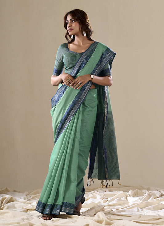 Pista Handloom Cotton Casual Wear Saree