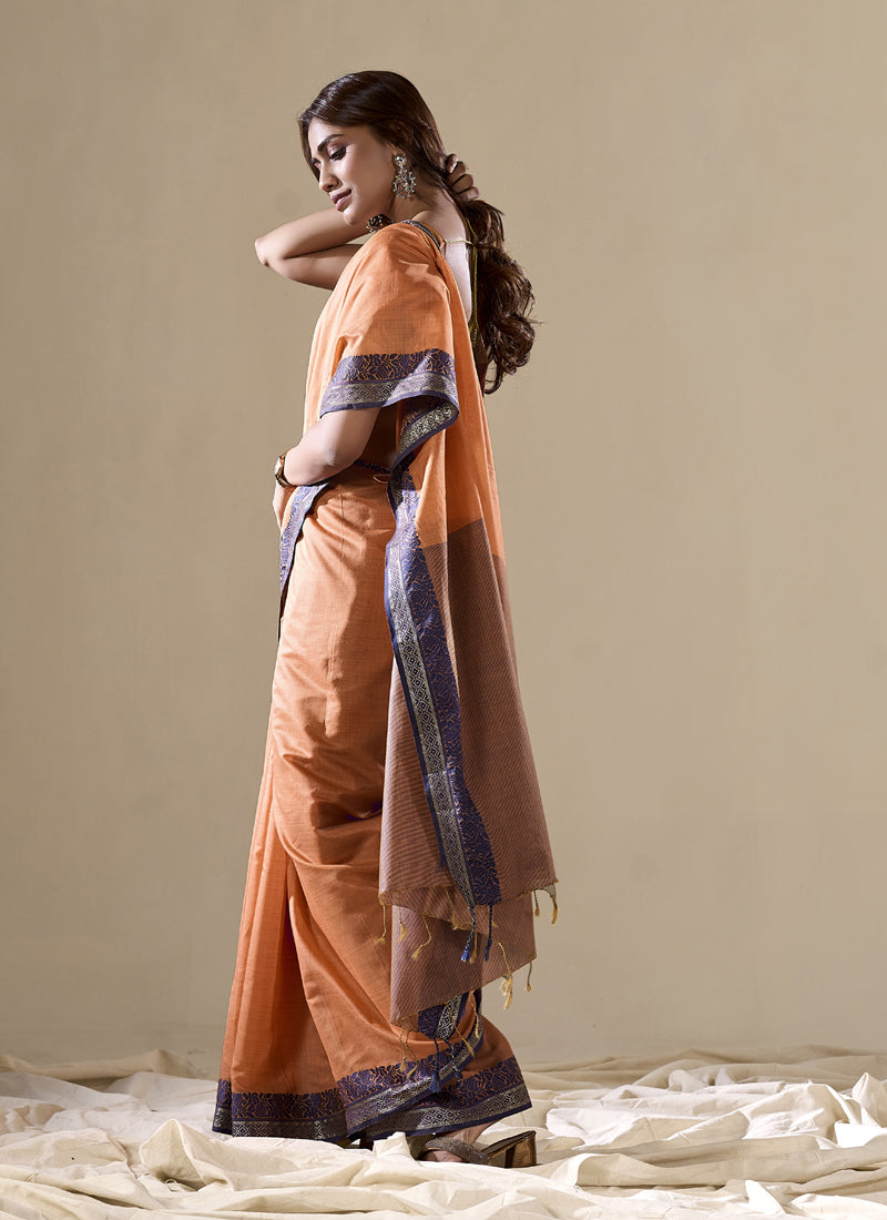 Peach Handloom Cotton Casual Wear Saree