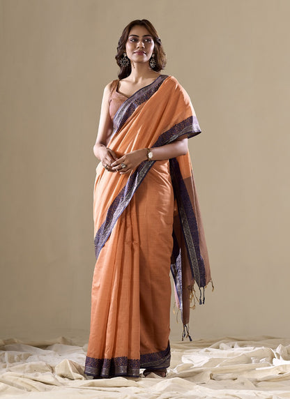 Peach Handloom Cotton Casual Wear Saree