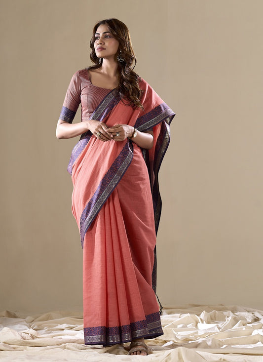 Salmon Handloom Cotton Casual Wear Saree