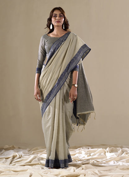 Beige Handloom Cotton Casual Wear Saree