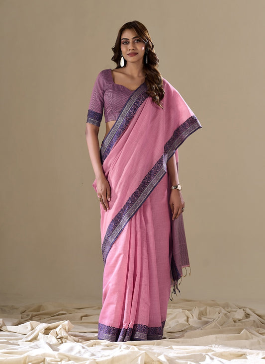 Baby Pink Handloom Cotton Casual Wear Saree