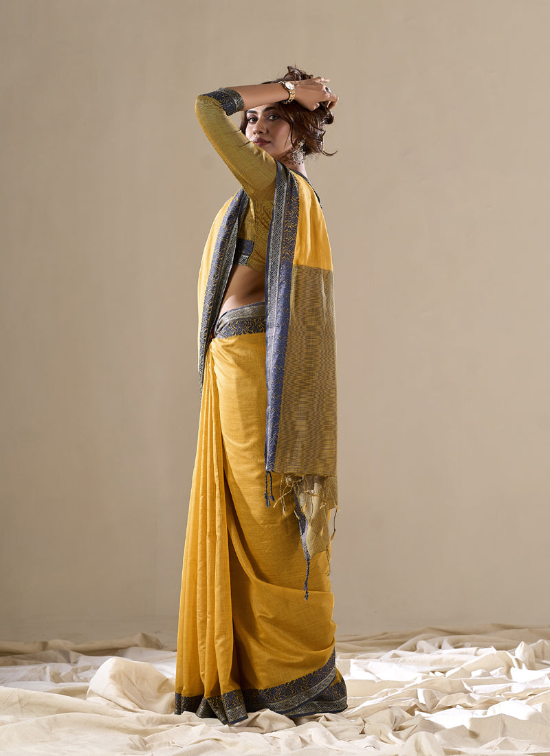 Mustard Handloom Cotton Casual Wear Saree