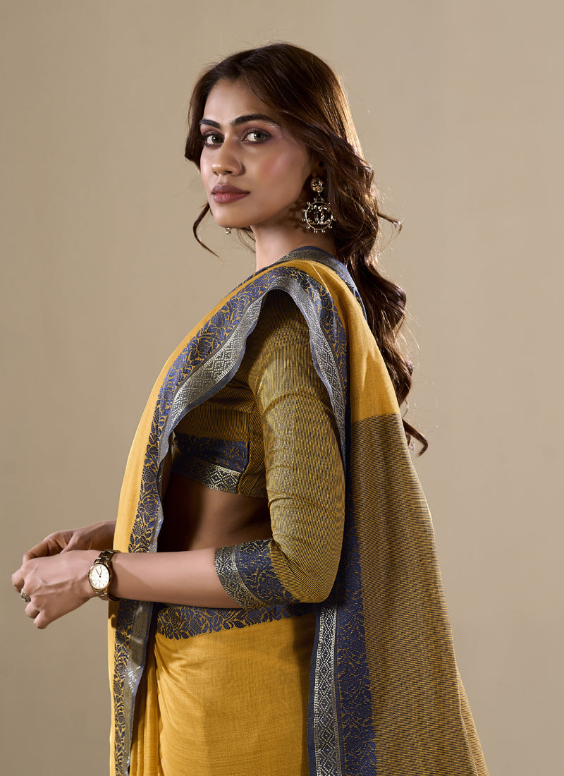 Mustard Handloom Cotton Casual Wear Saree