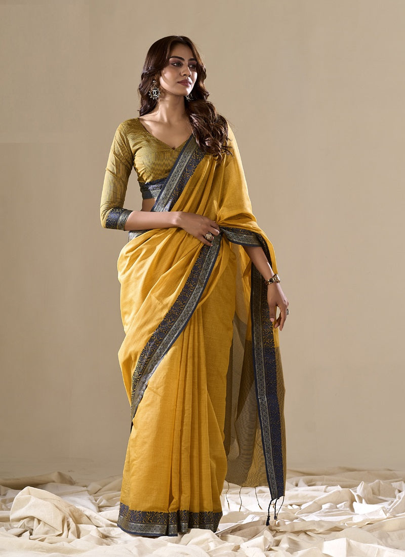 Mustard Handloom Cotton Casual Wear Saree