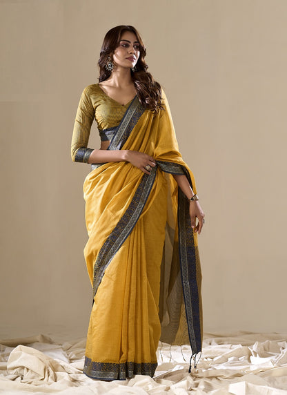 Mustard Handloom Cotton Casual Wear Saree