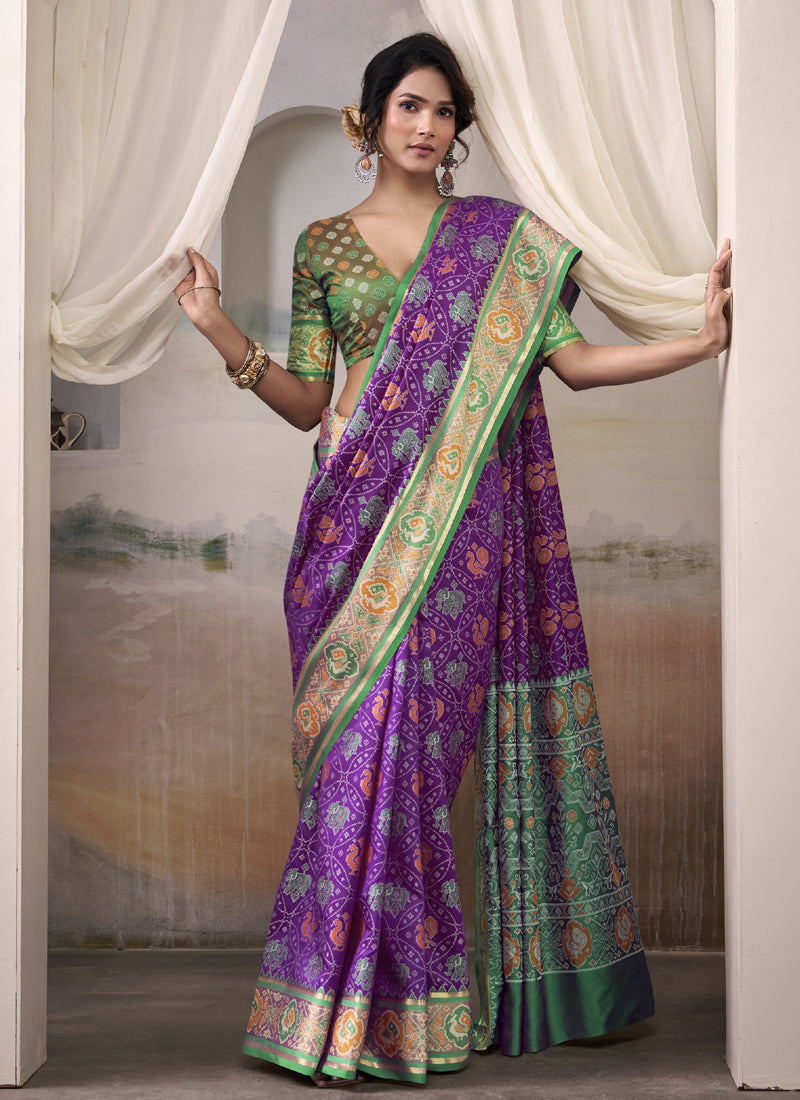 Purple & Green Patola Silk Festival Wear Saree