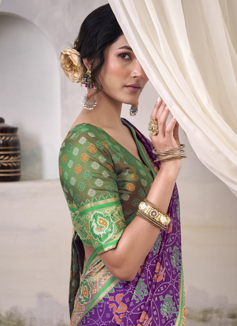 Purple & Green Patola Silk Festival Wear Saree