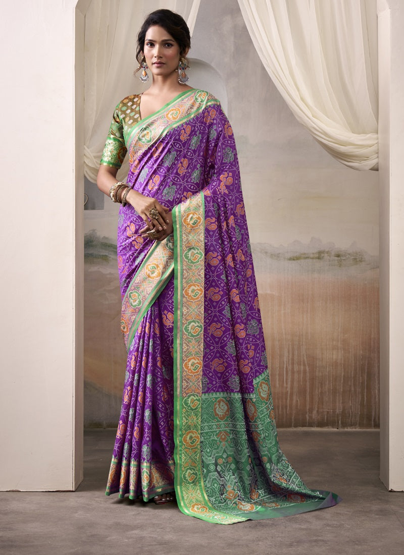 Purple & Green Patola Silk Festival Wear Saree