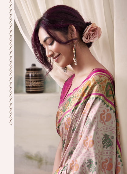 Off-White & Pink Patola Silk Festival Wear Saree