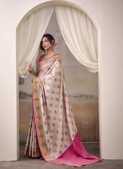 Off-White & Pink Patola Silk Festival Wear Saree