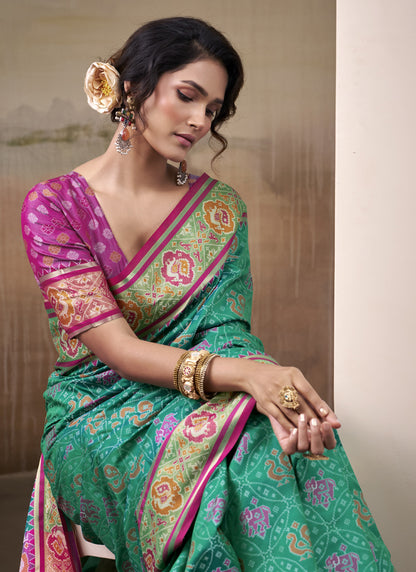 Green & Pink Patola Silk Festival Wear Saree