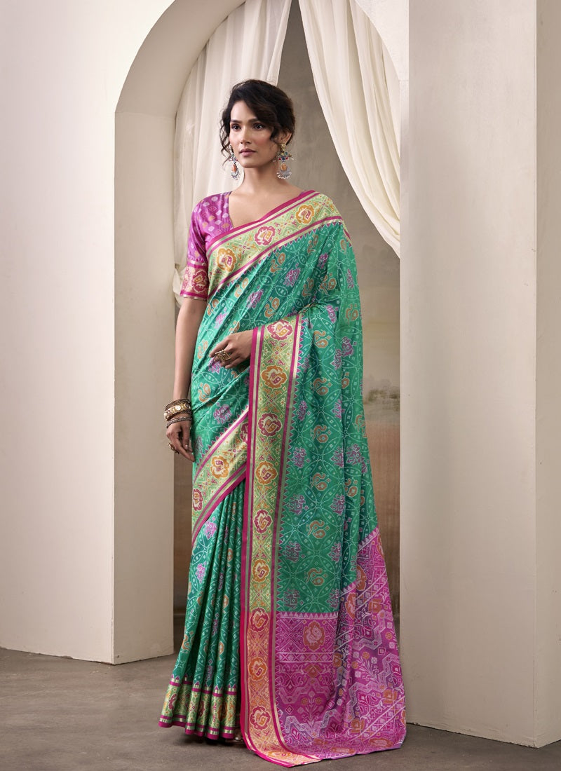 Green & Pink Patola Silk Festival Wear Saree