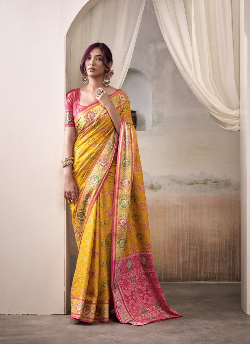 Mustard & Pink Patola Silk Festival Wear Saree