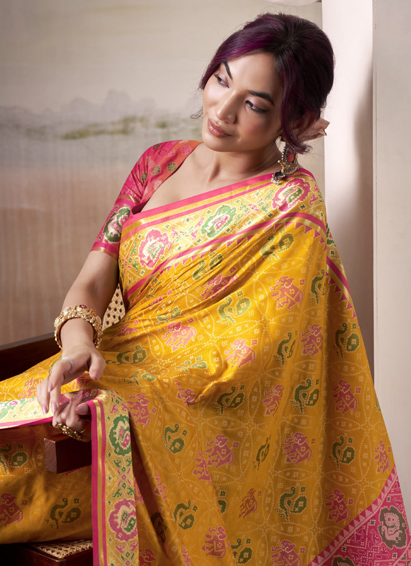 Mustard & Pink Patola Silk Festival Wear Saree