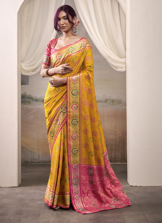 Mustard & Pink Patola Silk Festival Wear Saree
