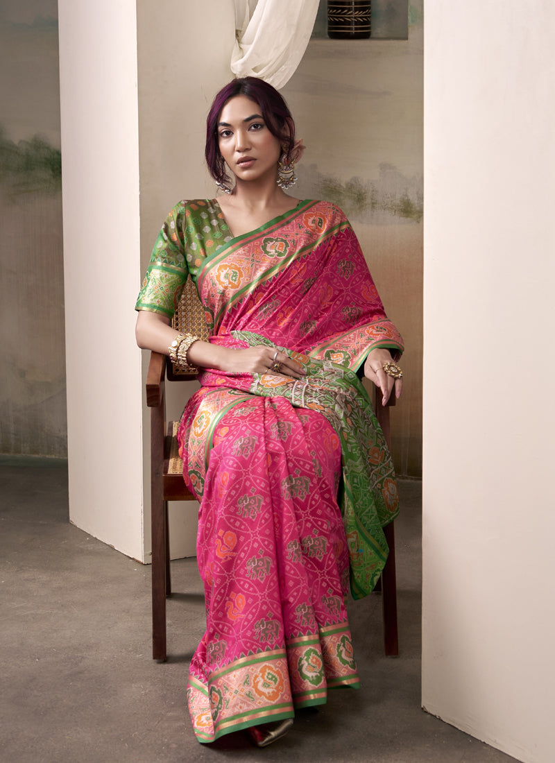 Pink & Green Patola Silk Festival Wear Saree