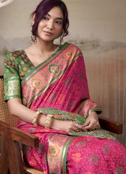 Pink & Green Patola Silk Festival Wear Saree