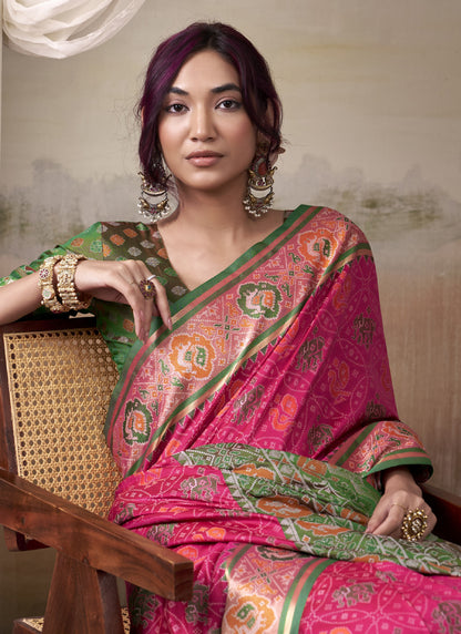 Pink & Green Patola Silk Festival Wear Saree