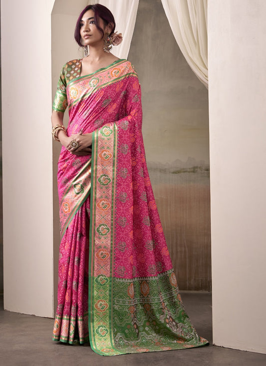 Pink & Green Patola Silk Festival Wear Saree