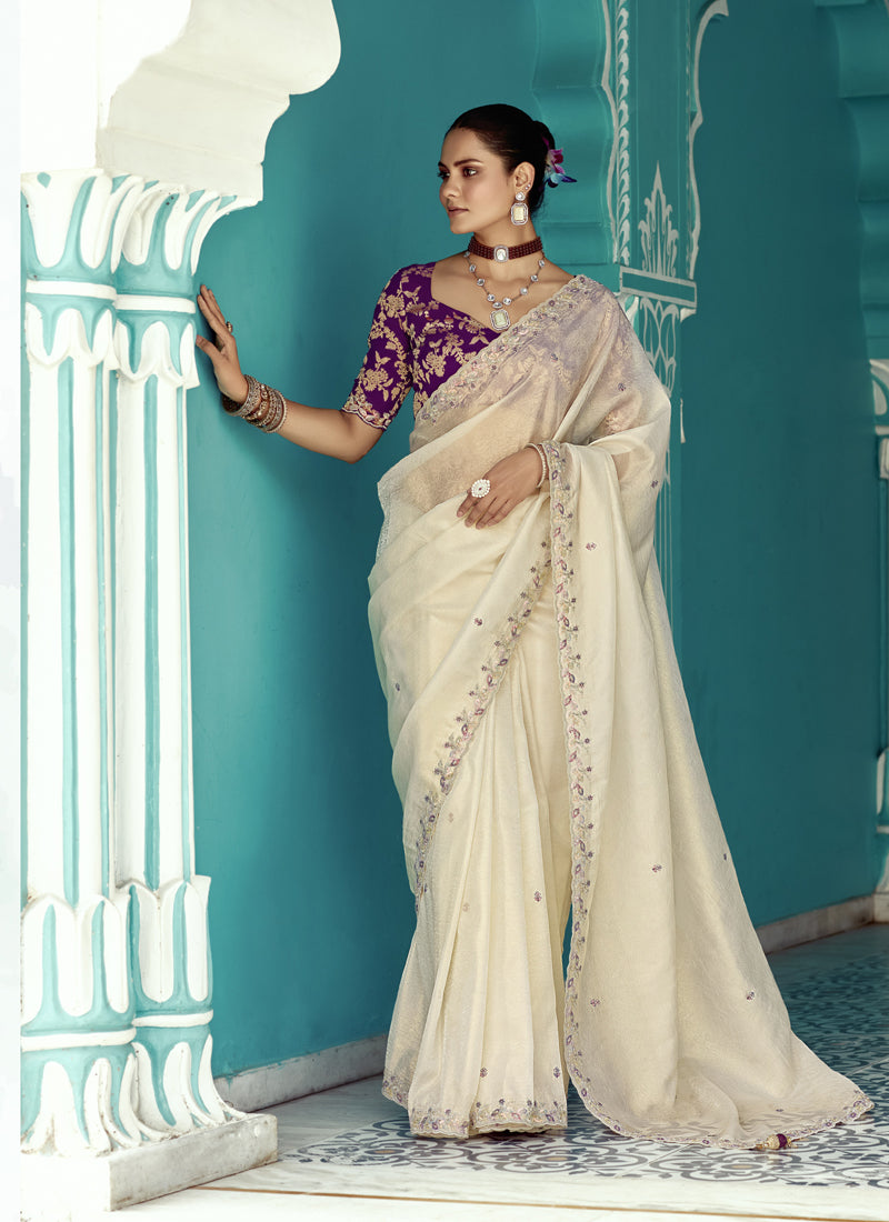 White Glass Tissue Embroidery & Sequence Work Designer Saree