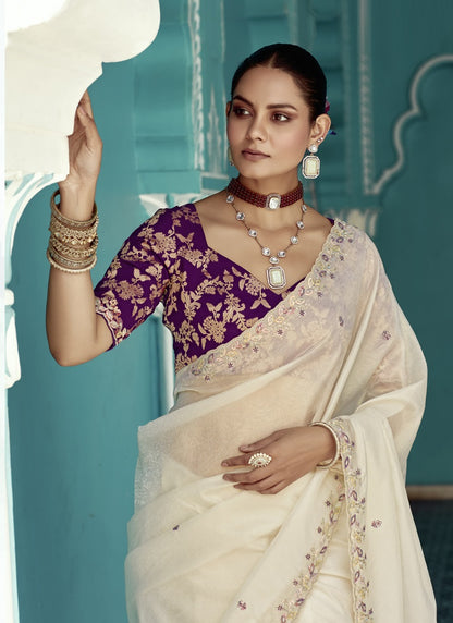 White Glass Tissue Embroidery & Sequence Work Designer Saree