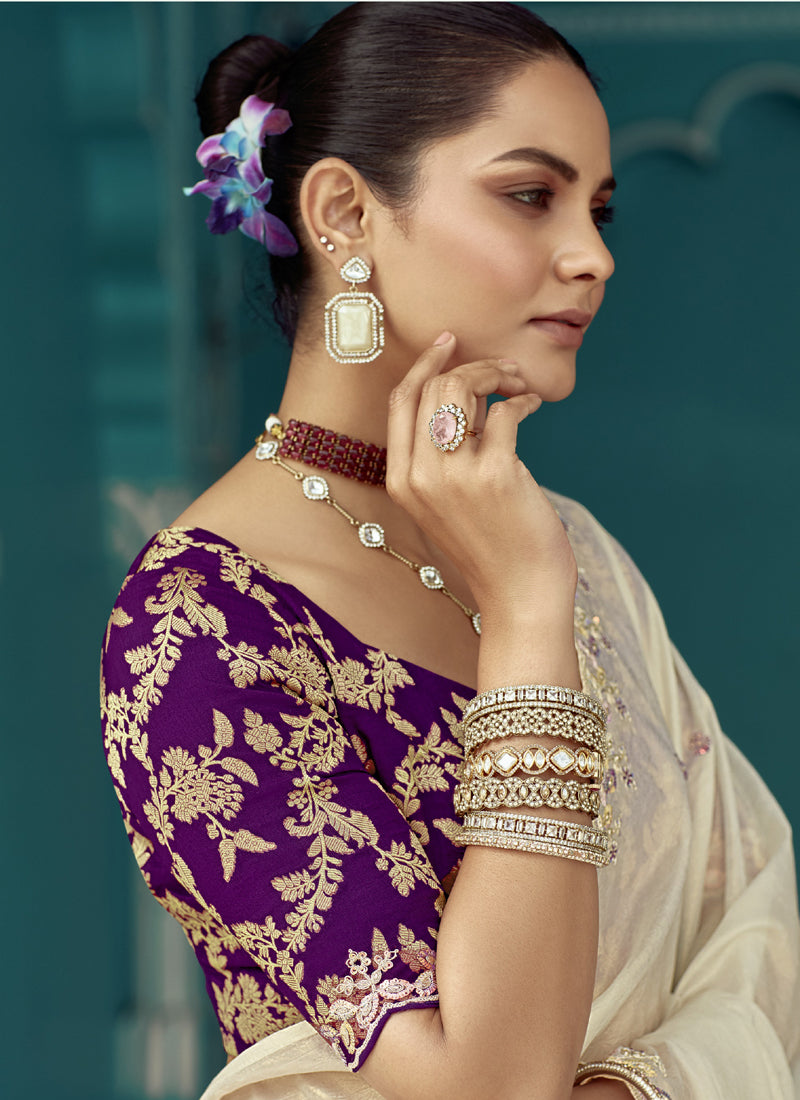 White Glass Tissue Embroidery & Sequence Work Designer Saree