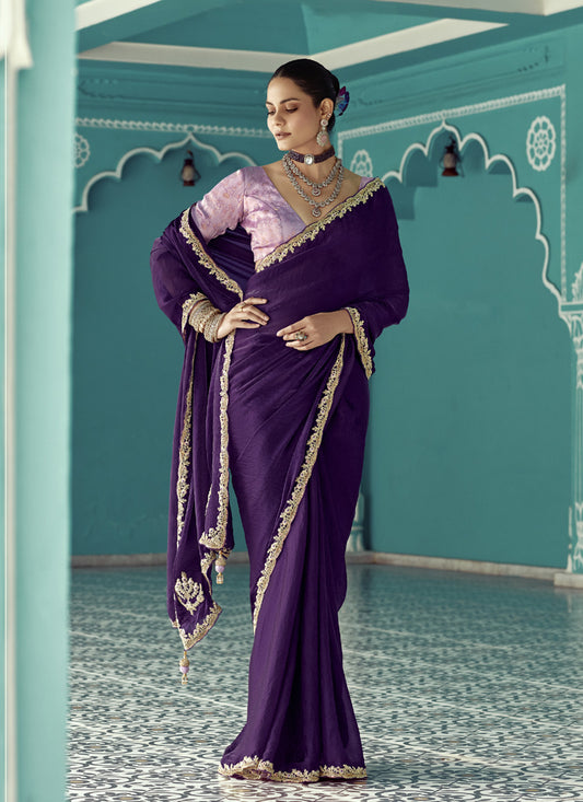 Purple Glass Tissue Embroidery & Sequence Work Designer Saree