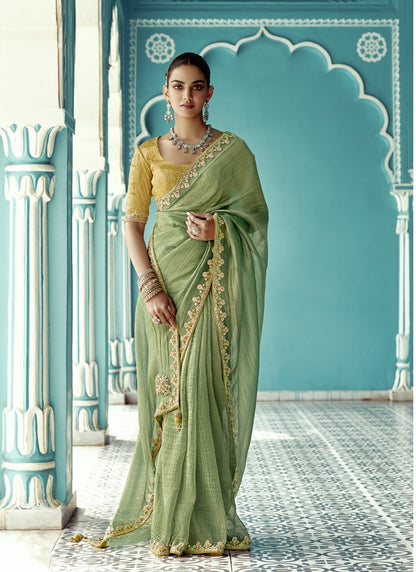 Pista Glass Tissue Embroidery & Sequence Work Designer Saree