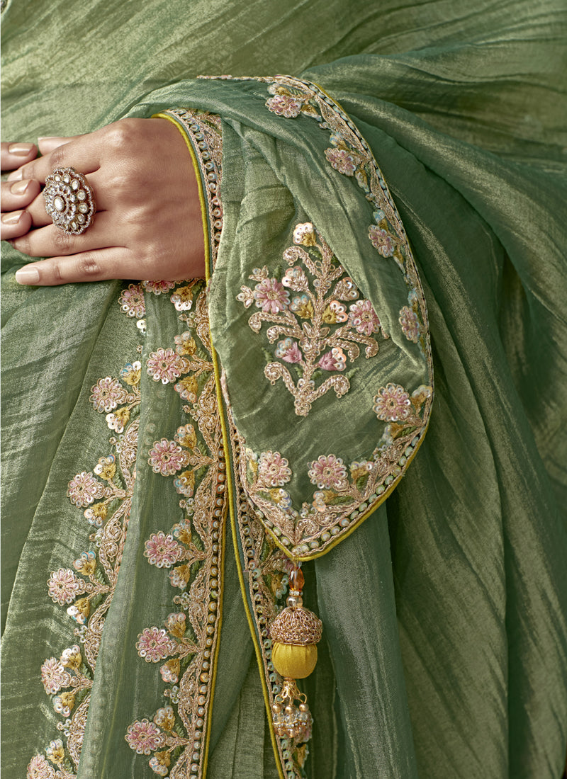 Pista Glass Tissue Embroidery & Sequence Work Designer Saree