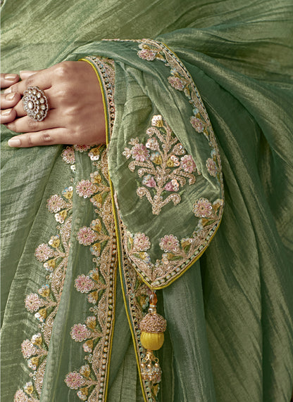 Pista Glass Tissue Embroidery & Sequence Work Designer Saree