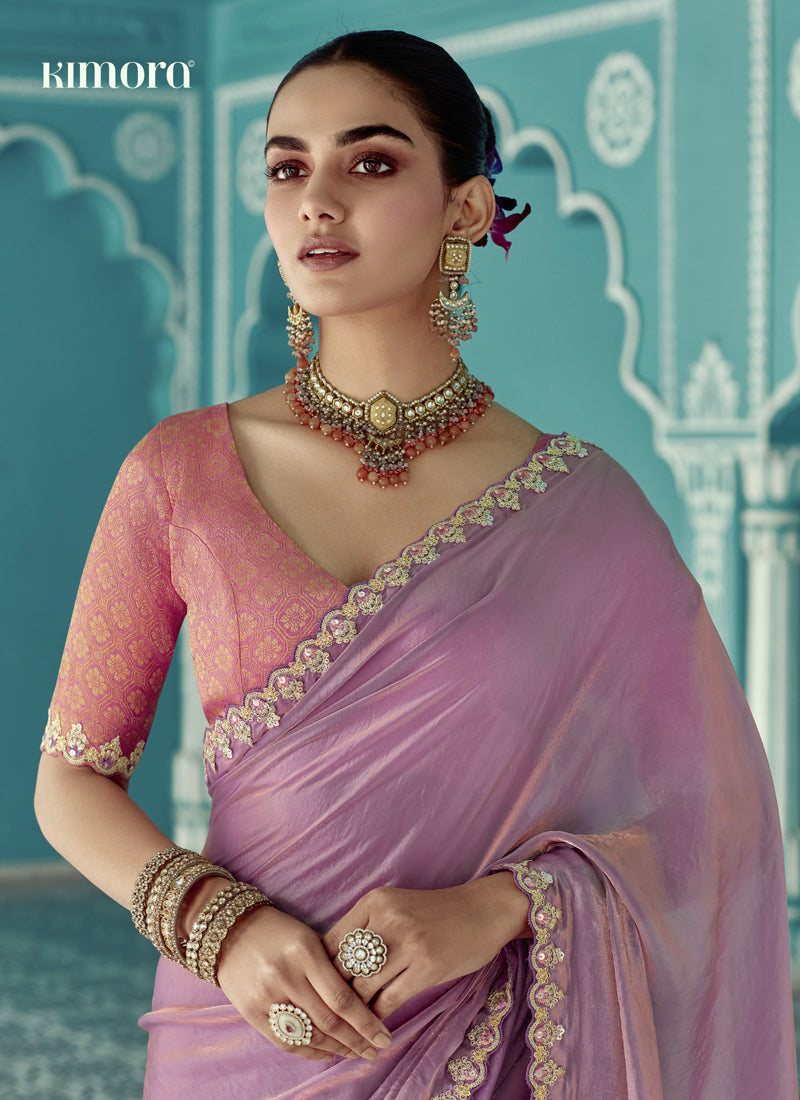 Lavender Glass Tissue Embroidery & Sequence Work Designer Saree