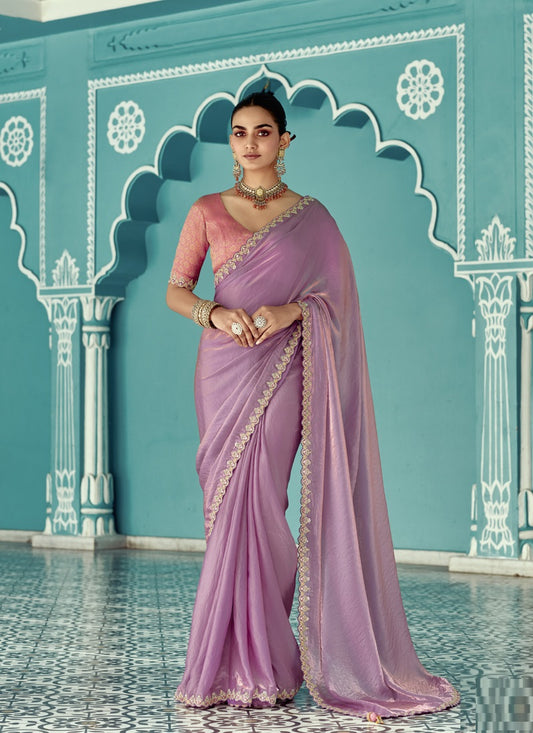 Lavender Glass Tissue Embroidery & Sequence Work Designer Saree