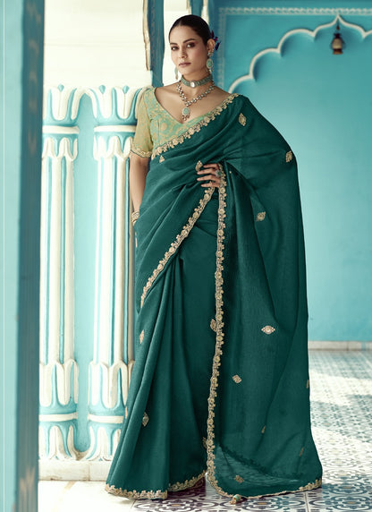 Peacock Green Glass Tissue Embroidery & Sequence Work Designer Saree