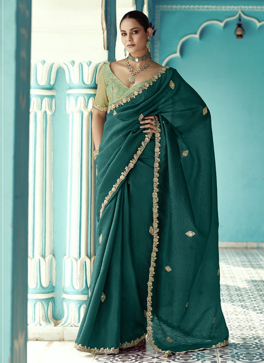 Peacock Green Glass Tissue Embroidery & Sequence Work Designer Saree