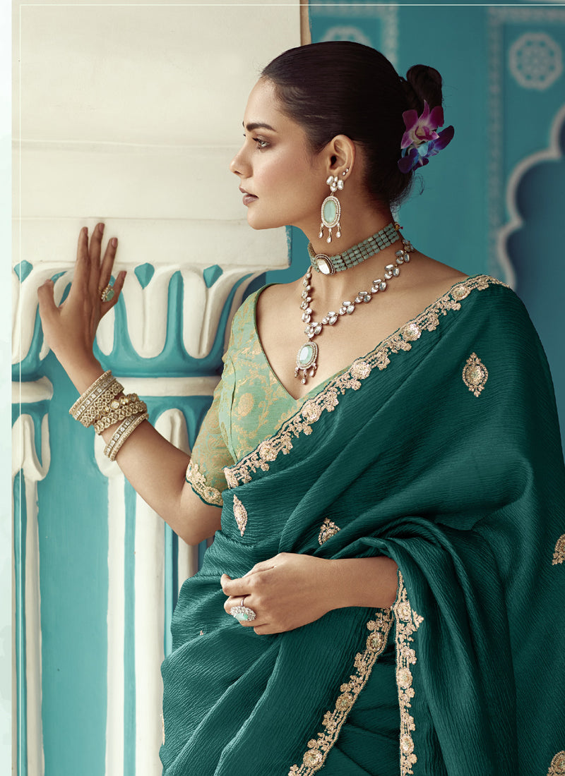 Peacock Green Glass Tissue Embroidery & Sequence Work Designer Saree