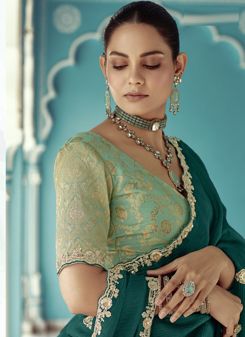 Peacock Green Glass Tissue Embroidery & Sequence Work Designer Saree