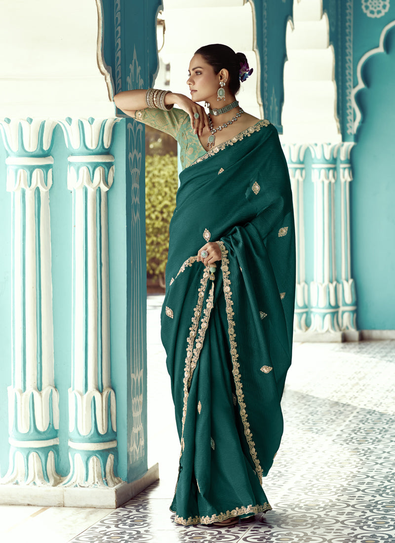 Peacock Green Glass Tissue Embroidery & Sequence Work Designer Saree