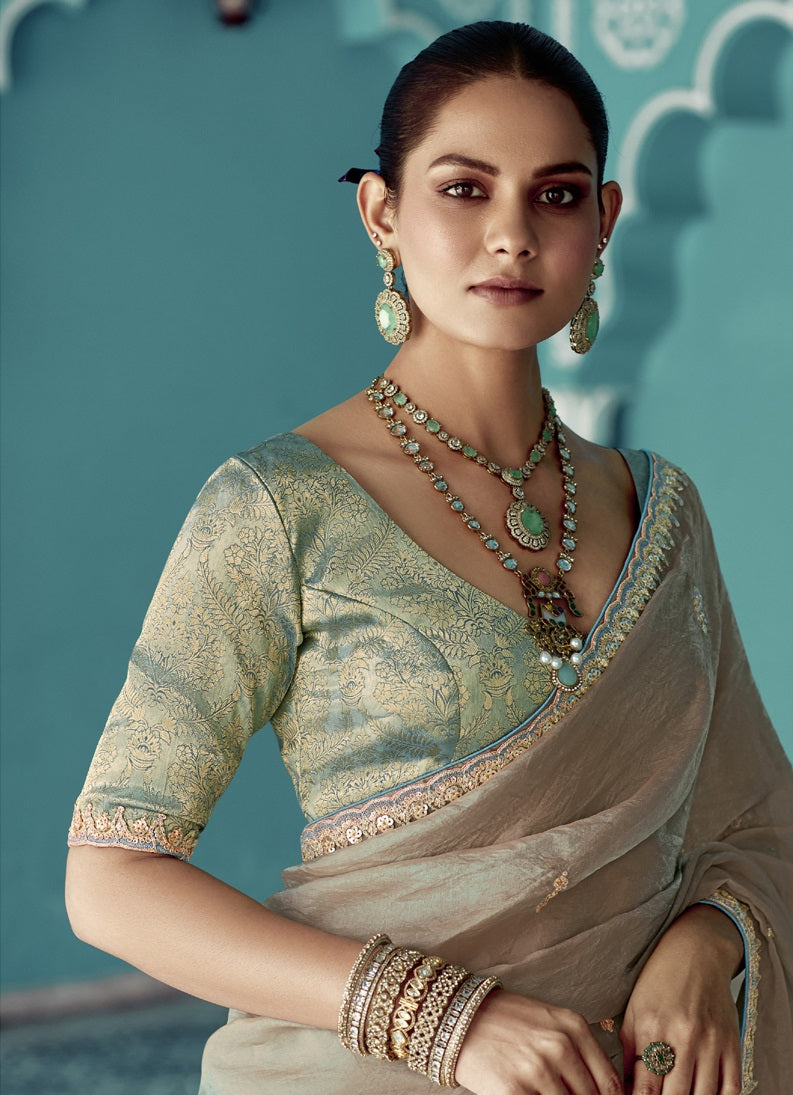 Beige Glass Tissue Embroidery & Sequence Work Designer Saree