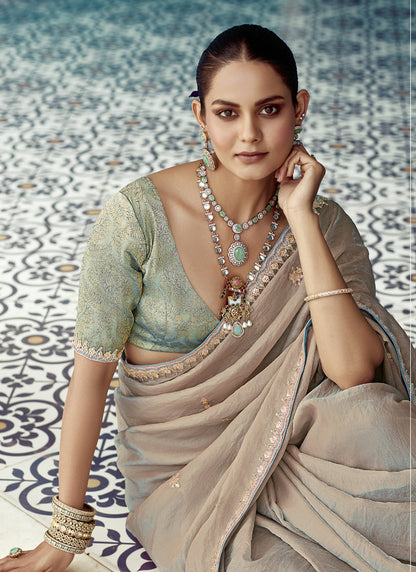 Beige Glass Tissue Embroidery & Sequence Work Designer Saree