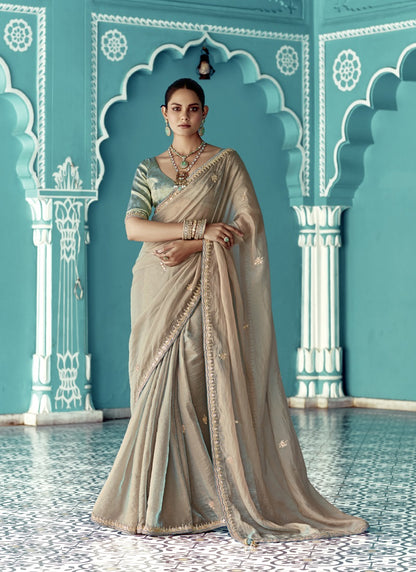 Beige Glass Tissue Embroidery & Sequence Work Designer Saree