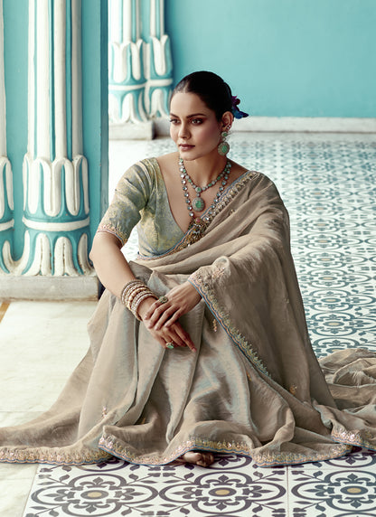 Beige Glass Tissue Embroidery & Sequence Work Designer Saree