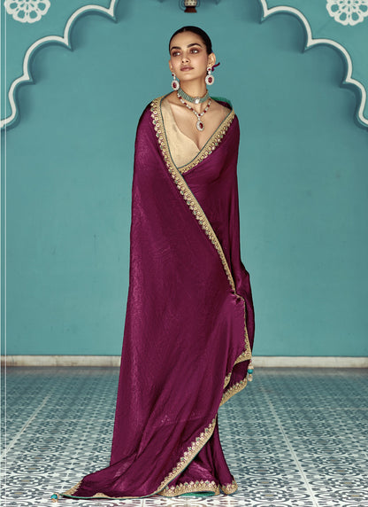 Wine Glass Tissue Embroidery & Sequence Work Designer Saree