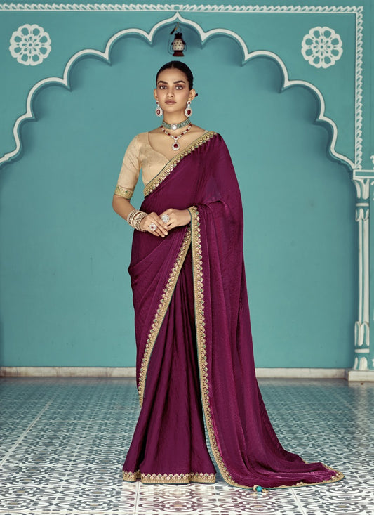 Wine Glass Tissue Embroidery & Sequence Work Designer Saree