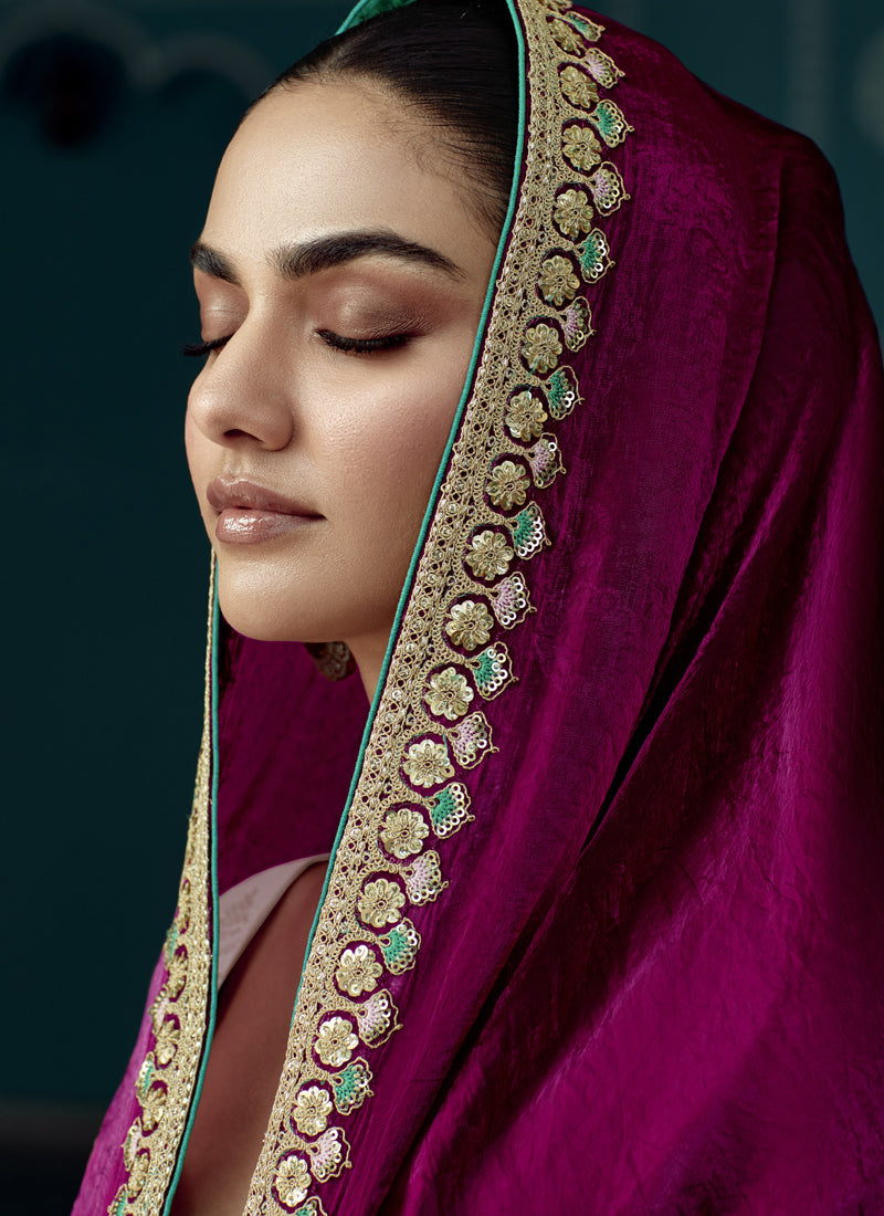 Wine Glass Tissue Embroidery & Sequence Work Designer Saree