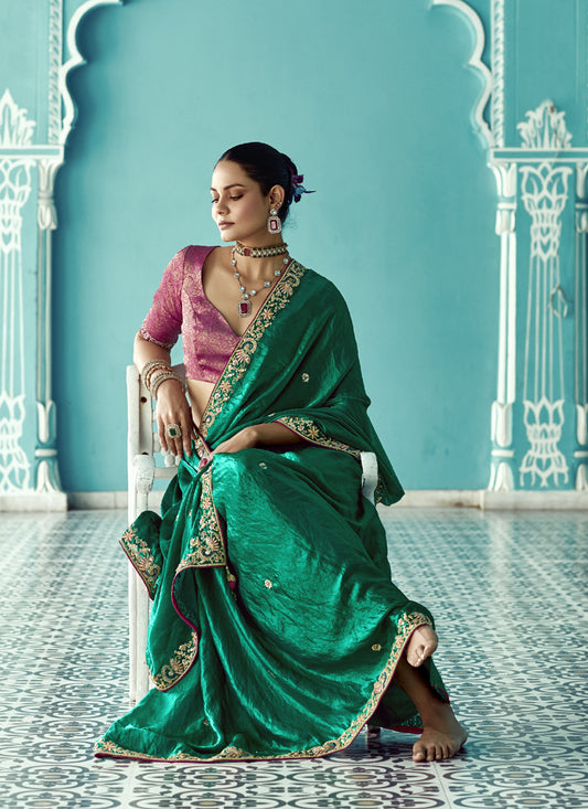 Green Glass Tissue Embroidery & Sequence Work Designer Saree
